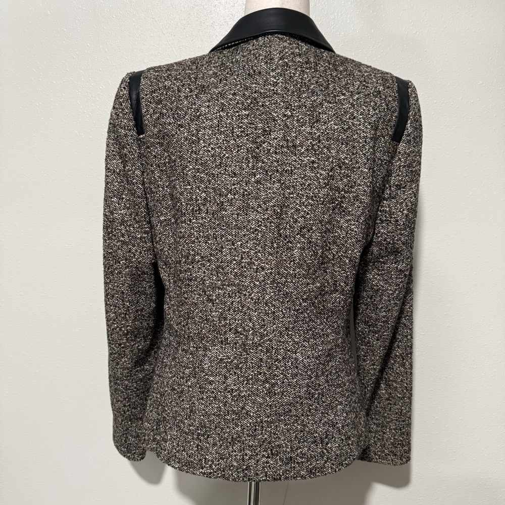 Dana Buchman Wool Blend Open Front Brown Tweed Blazer Black Leather Trim Size 8 - Picture 4 of 11